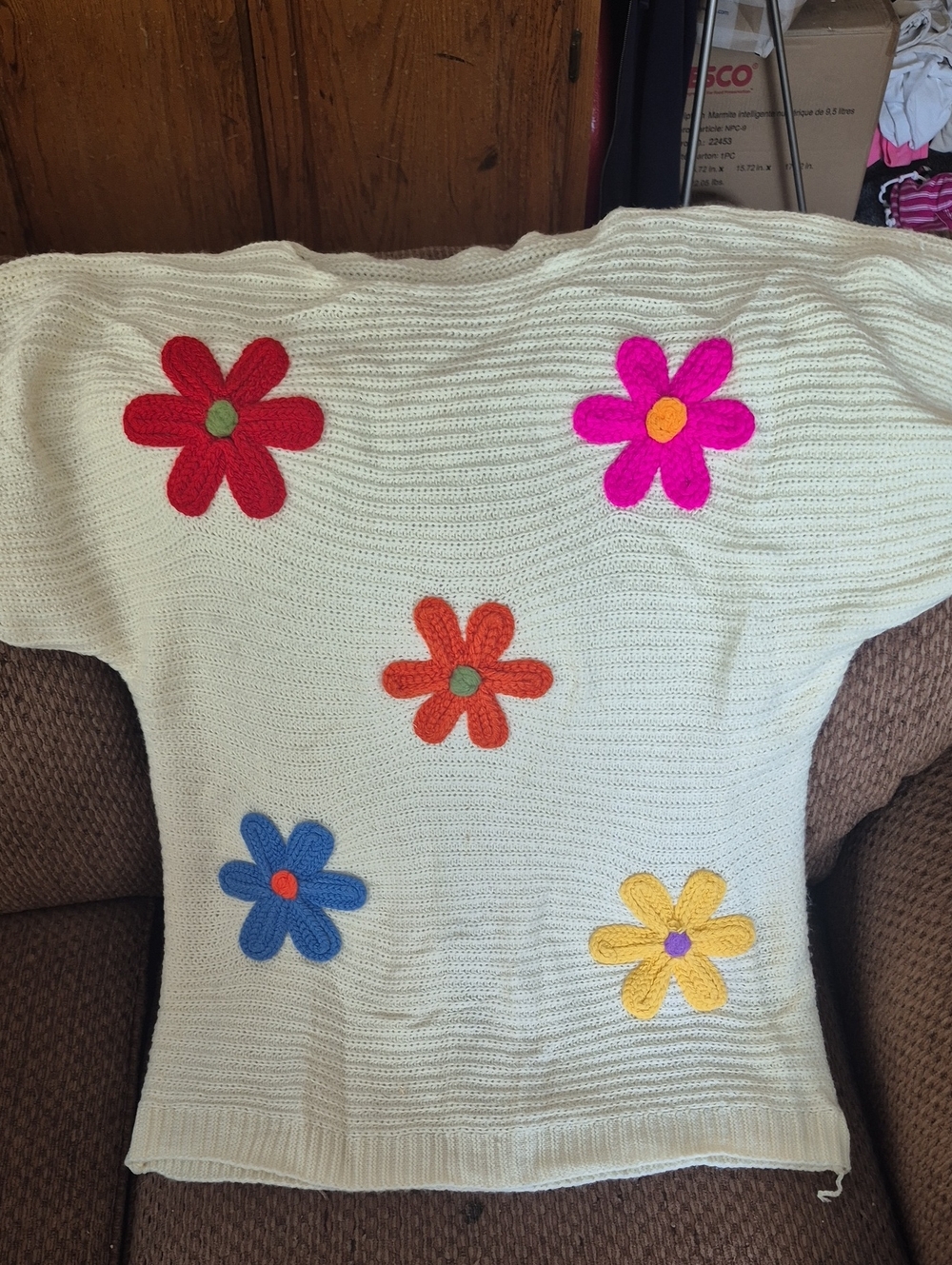 Cream Knit Women's Sweater with Multicolor Flower Appliqués